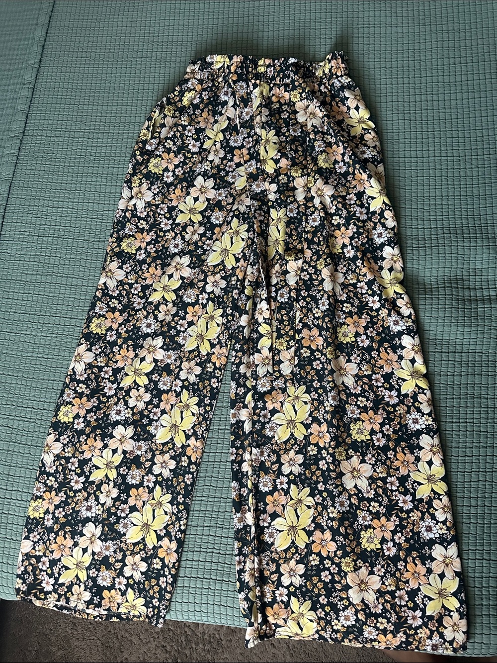 T.J.Maxx Black Wide-Leg Floral Pants with Yellow & Peach Flowers